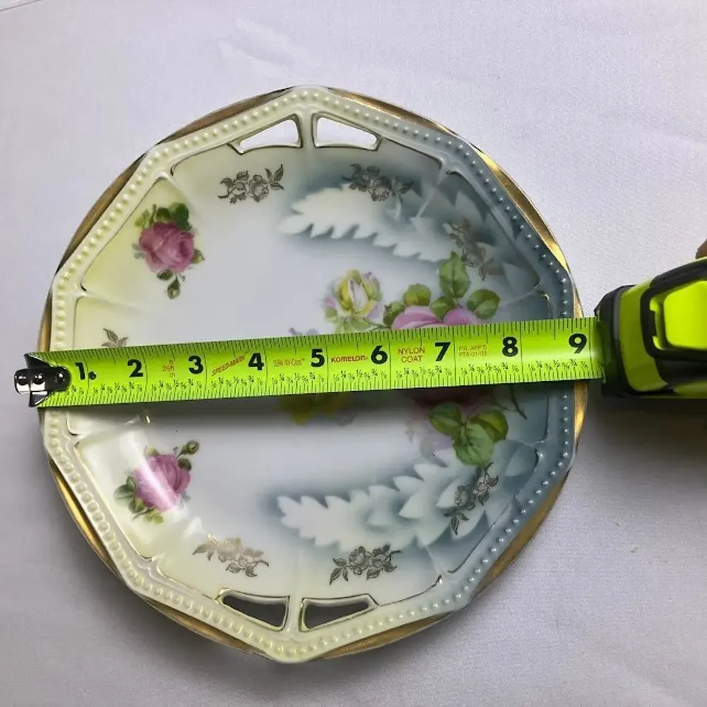 Antique PK Silesia Koenigszelt Handled Cake Plate Roses Gold Reticulated 9”
